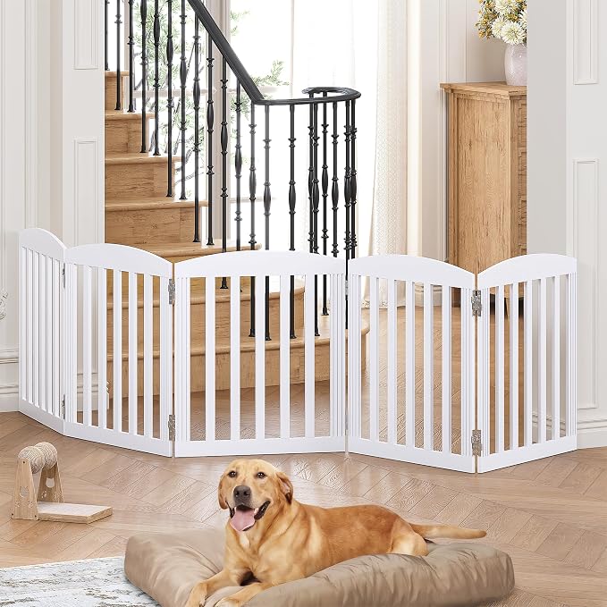 SPIRICH 120" Extra Wide 28" Tall Dog Gate Indoor, Dog Gates for Doorways, Stairs, The House, Wooden Freestanding Foldable Pet Gate, Step Over Puppy Gate, 5 Panels, White