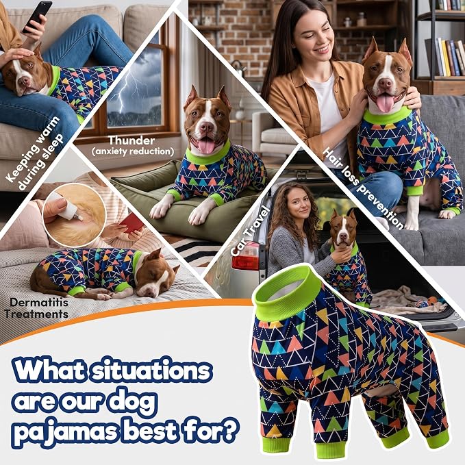LovinPet Dog PJS Onesies for Giant Dogs - Blue Triangle Print, Post Surgery Shirt, UV Protection, Pet Anxiety Relief, Wound Care Onesie for Large Dog,XL
