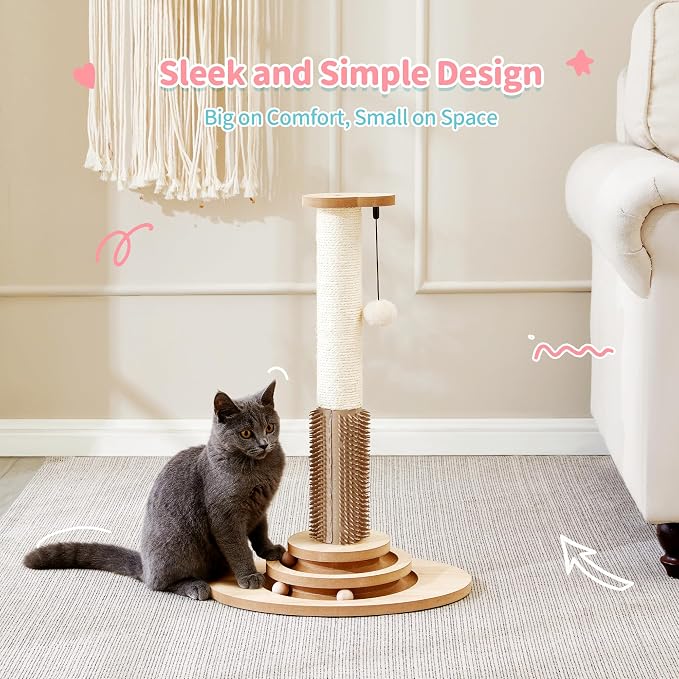 Made4Pets Cat Scratching Post for Indoor Cats with Self Groomer, 23" | Cat Scratcher with Natural Sisal Rope, Stable Base and Interactive Ball Track, Cat Toys for Kittens and Small Indoor Cats