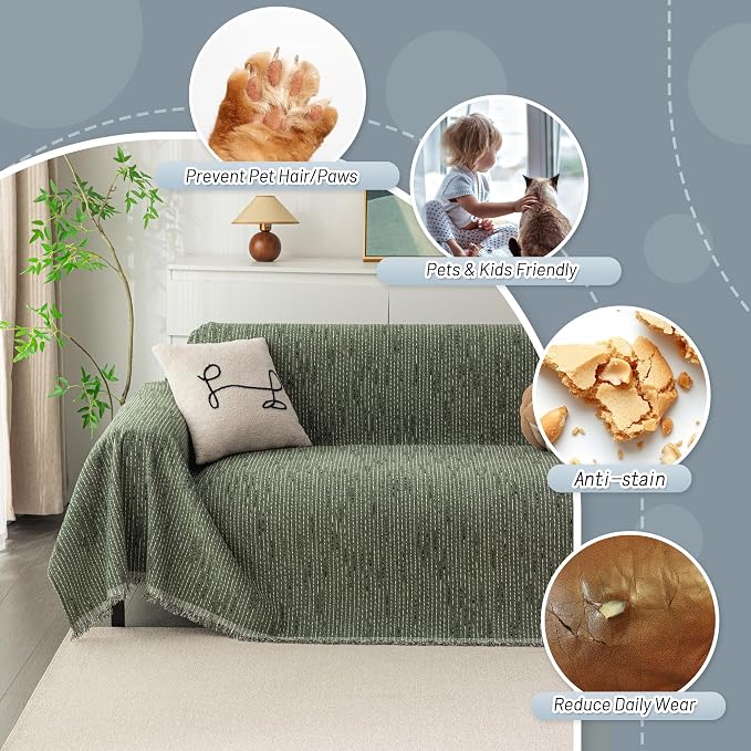 MYSKY HOME Boho Couch Cover Moss Green Sofa Covers with Tassel Farmhouse Sofa Slipcover Simple Couch Protector for Dogs Chenille Sectional Couch Covers L Shaped Couch Cushion Covers, 71"x 134"