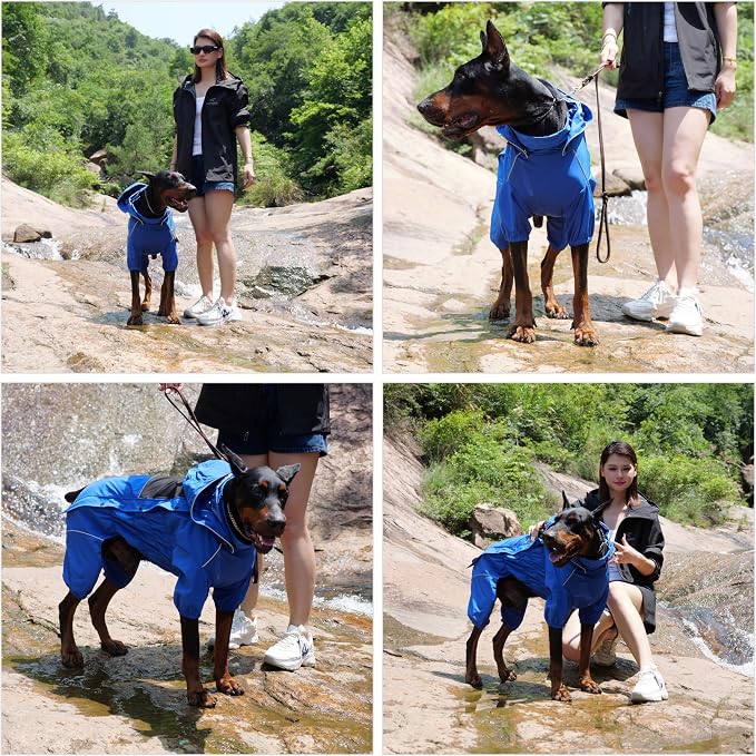 LOVELONGLONG Waterproof Dog Raincoat with Removable Hood – Outdoor Full Body Dog Jacket, Windproof Snowproof Shell Suit – All Season Pet Rain Gear Blue S