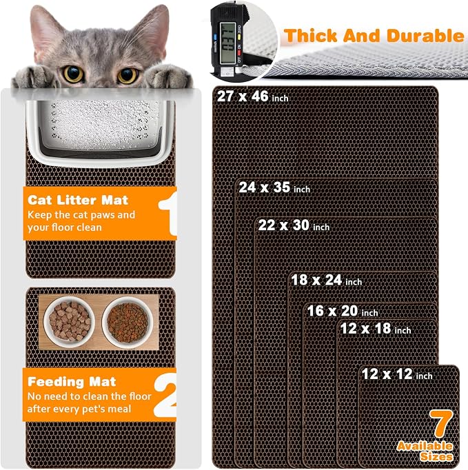 Cat Litter Mat 16"x20",Double Layer EVA litterbox Mat,Brown | Waterproof honeycomb large grid, urine-proof and odor-free. Traps litter, easy cleanup,Washable, non-slip backing