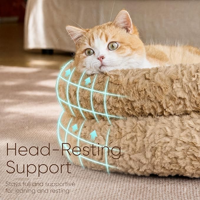 FUKUMARU Round Cat Bed, Plush Washable Calming Dog Bed with Low Entry | Raised Bolster Small Dog Bed, Soft Cozy Donut Cat Bed for Indoor Cats, Faux Rabbit Fur & Anti-Slip Bottom, 20 Inch, Camel