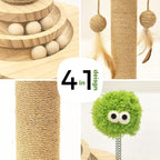 TINYBEAST Wooden Cat Scratching Post fot Kittens, 4 in 1 Cat Scratcher Toy with Cat Ball Tracks, 18" Tall Sisal Scratch Post for Indoor Kittens, Interactive Feather Toy and 2 Sisal Hanging Balls
