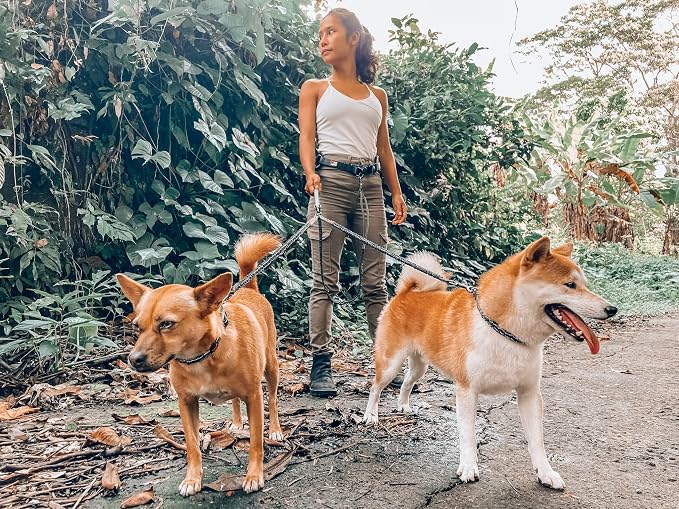 Tuff Pupper Heavy Duty Hands Free Dog Leash | Two Small/Medium Dogs Up to 90 lbs | Comfortable Shock Absorbing Bungee | Reflective Padded Handles | Lumbar Waist Belt 28-50" | Jogging Running Leash