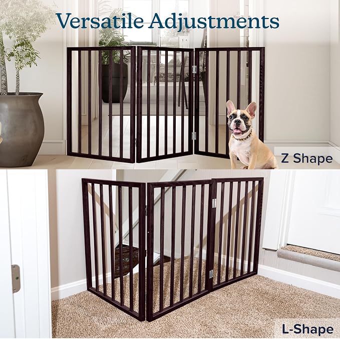 3-Panel Indoor Foldable Dog Fence for Stairs, Hallways, or Doorways - 54x24-Inch Wood Freestanding Dog Gates by PETMAKER (Brown)