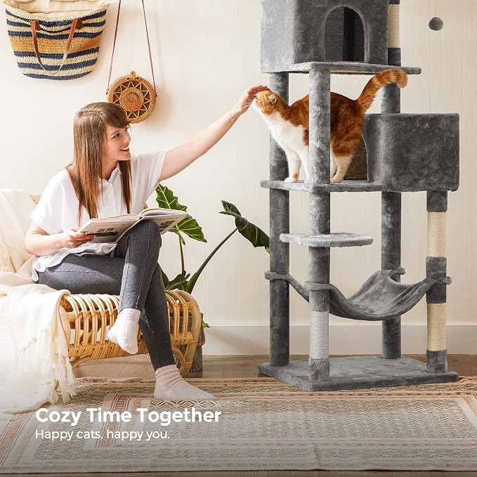 Feandrea Cat Tree, 73.2-Inch Tall Cat Tower, Plush Multi-Level Condo with 5 Scratching Posts, 2 Perches, 2 Caves, Hammock, 2 Pompoms, Light Gray UPCT191W01