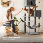 Feandrea Cat Tree, 73.2-Inch Tall Cat Tower, Plush Multi-Level Condo with 5 Scratching Posts, 2 Perches, 2 Caves, Hammock, 2 Pompoms, Light Gray UPCT191W01
