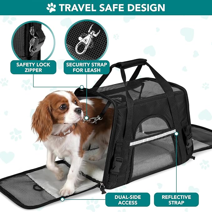 PetAmi Airline Approved Pet Carrier for Cats & Small Dogs, Soft Sided TSA Travel Carrier Bag with Sherpa Bed, Breathable Mesh Ventilation, Collapsible Bowl, Fits Under Seat, Up to 18 lbs, Small Black