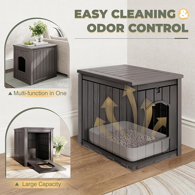 Cat Litter Box Enclosure, Enclosed Cat Litter Box Raised Floor, Openable Front Door Outdoor Cat House Weatherproof, Easy to Clean, Grey
