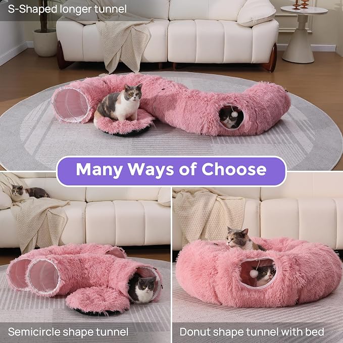 Plush Cat Tunnel Bed for Indoor Cats with Soft Cushion, Multi-Shape Play Cave with Hanging Balls, Large and Foldable Cat Donut Tunnel for Small and Large Pets (Pink)