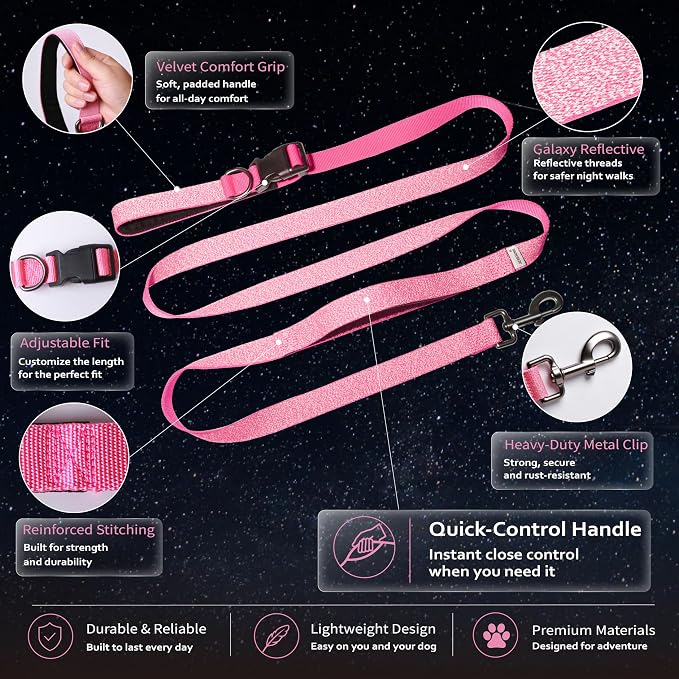 Hands Free Dog Leash,Galaxy Reflective, Crossbody Dog Leash,Pink | Galaxy Reflective • Crossbody Carry • Soft Velvet Handles • Stylish Design