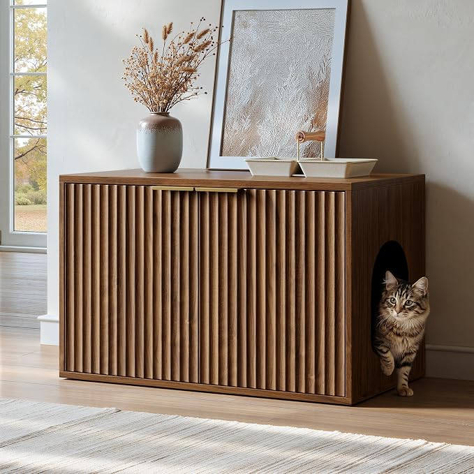Evermagin 31.5" Cat Litter Box Enclosure Furniture | Walnut Hidden Litter Box Cabinet, Modern Indoor Cat House, Fluted Kitty End Table for Living Room, Bedroom, Entryway