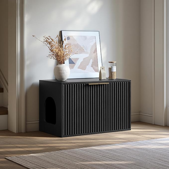 Evermagin 31.5" Cat Litter Box Enclosure Furniture | Black Hidden Litter Box Cabinet, Modern Indoor Cat House, Fluted Kitty End Table for Living Room, Bedroom, Entryway