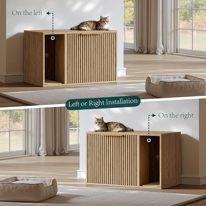 Evermagin 31.5" Cat Litter Box Enclosure Furniture with Cat Scratch Pad | Oak Hidden Litter Box Cabinet, Modern Indoor Cat House, Large Fluted Kitty End Table for Living Room, Bedroom, Entryway