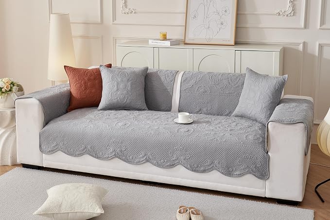 Luxury Vintage Cotton Embroidery Sofa Cover Soft Farmhouse Seat Cushion Cover Floral Quilted Sectional Couch Cover Anti-Slip Sofa Slipcovers Furniture Protector for Dogs Cats (Grey,36"x28")