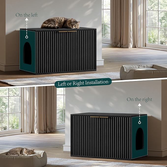 Evermagin 31.5" Cat Litter Box Enclosure Furniture | Black Hidden Litter Box Cabinet, Modern Indoor Cat House, Fluted Kitty End Table for Living Room, Bedroom, Entryway