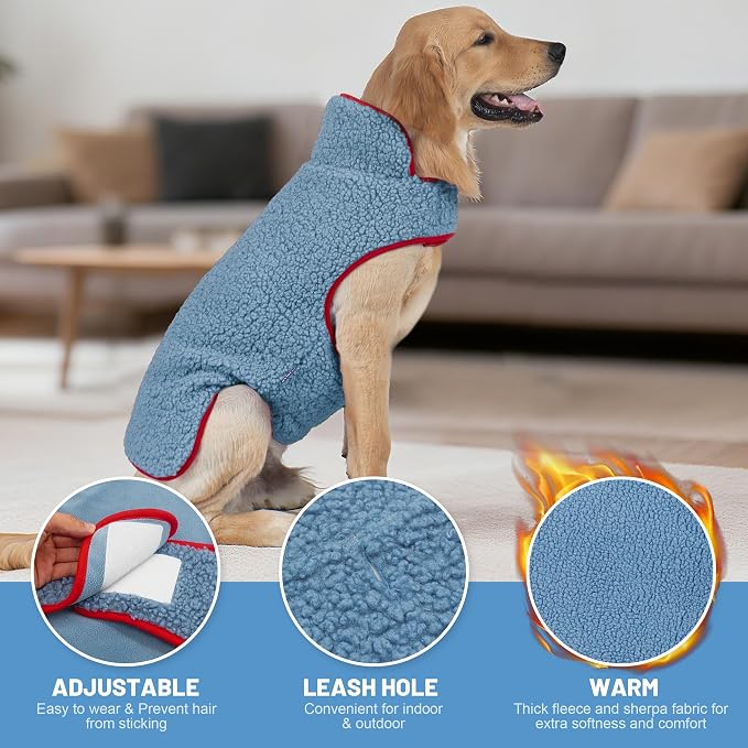 cyeollo Warm Dog Coat Reversible Winter Coats Large Pet Sweater Vest, Fleece Sherpa Dog Jacket for Large Dogs with Leash Hole, Soft Pet Cold Weather Coats, Blue, XXXL