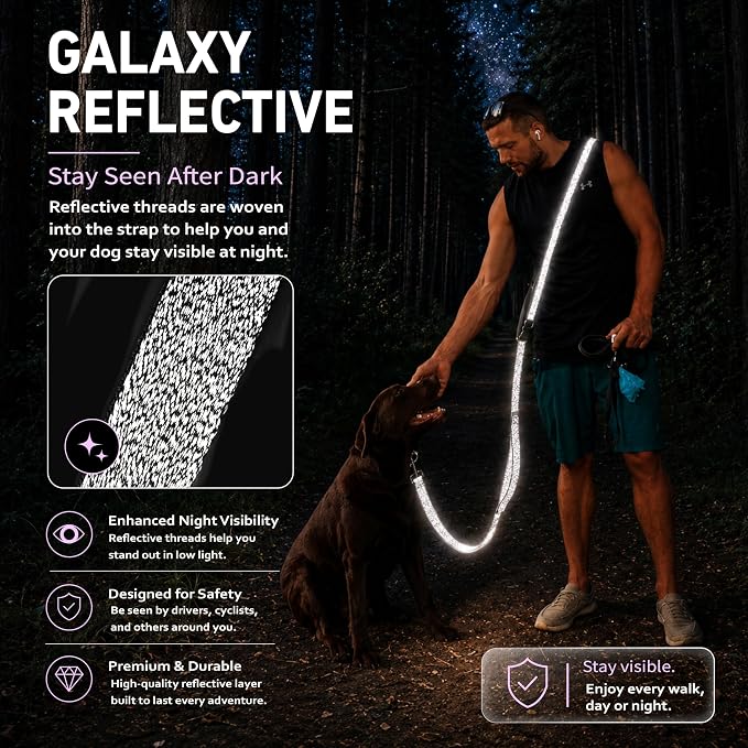 Hands Free Dog Leash,Galaxy Reflective, Crossbody Dog Leash,Purple | Galaxy Reflective • Crossbody Carry • Soft Velvet Handles • Everyday Comfort