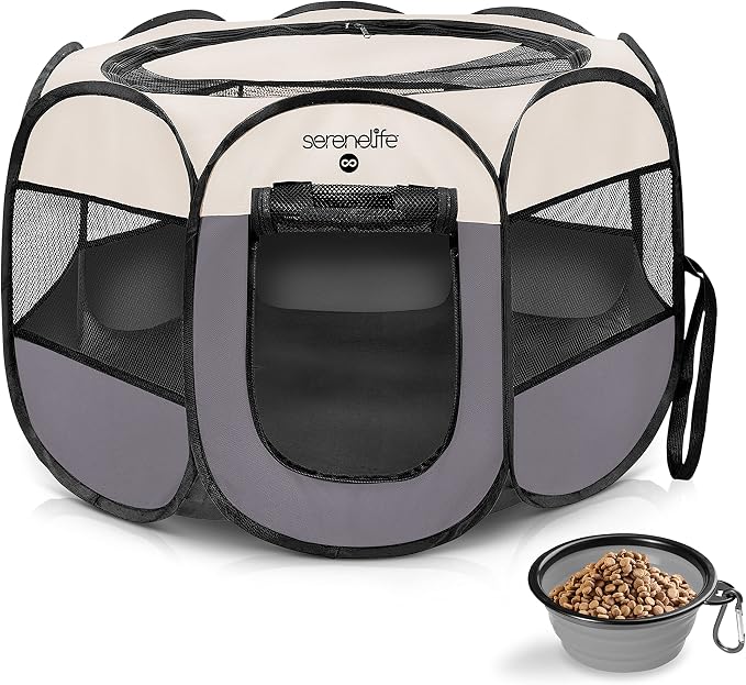 SereneLife ON-The-GO Foldable Portable Pet Tent 8-Panel Playpen for Dog & Cat w/Food/Water Bowl, Mesh, Pet House Indoor & Outdoor, Travel & Camping Pet Kennel Exercise Puppy Playground (Grey - Medium)