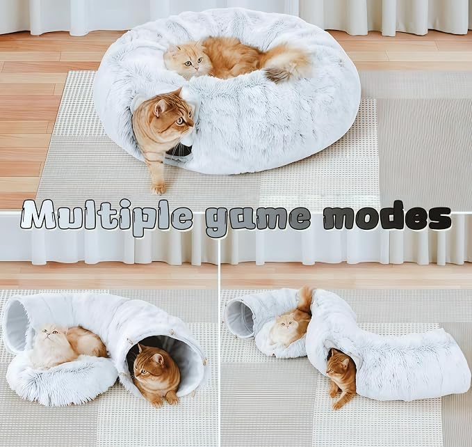 Large Cat Tunnel Bed for Indoor Cats with Hanging Pompom Toys | all-in-one donut cat bed for resting and playing, supports up to 22 lbs (33.46x33.46x11.49, Gray)
