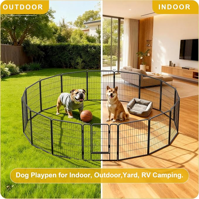 Heavy-Duty Iron Dog Playpen Outdoor Indoor,24 inch 8 Panels Dog Fences for RV Camping/Yard/Garden,Portable Dog Play Pen for Dogs,Puppies,Small Animals,Black Silver