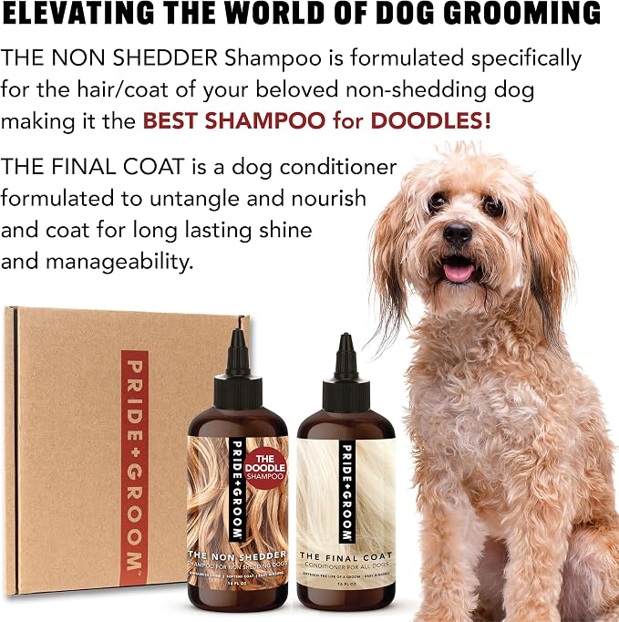 Pride and Groom The Non Shedder Box Set – Dog Shampoo & Conditioner with All Natural Blend of Essential Oils & Ingredients to Heal and Nourish for Long Lasting Shine & Manageability – 32oz