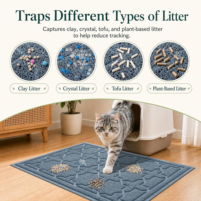 Yimobra Cat Litter Mat, Easy Clean Trapping PVC Mat, 35.4" x 23.6", Waterproof Backing, Non Slip Bottom, Scatter Control Pad for Litter Box, Tea Blue