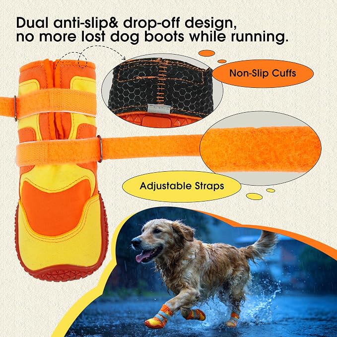 Lelepet 4pcs Dog Shoes for Hot Pavement,Dog Booties for Large Size Dogs | Reflective Paw Protector for Outdoor Walking/Hiking,Anti-Slip Puppy Shoes with Secure Double-Straps,Orange,XXL