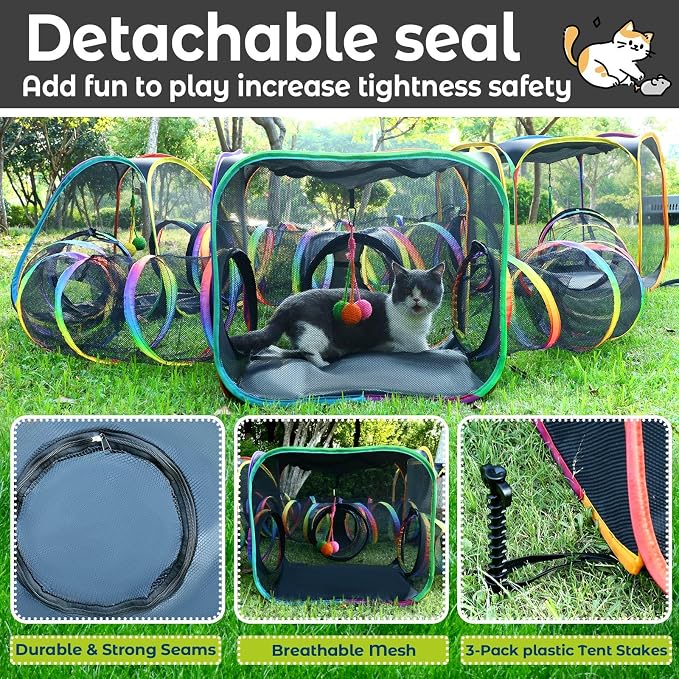 CypherX Outdoor Cat Enclosure, Portable Cat Tent with Tunnel Popup Catio | 7-in-1 modular design: 3 tents, 9.8" wide tunnels, scratch balls & storage bag. Durable setup for small animals & cats.