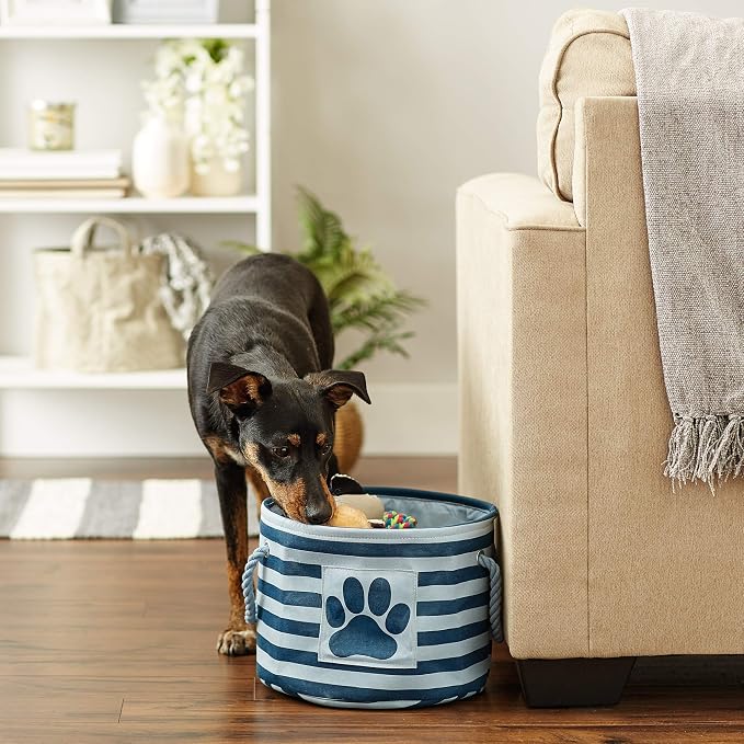 Bone Dry Pet Storage Collection Striped Paw Patch Bin, Dark Navy, Small Round