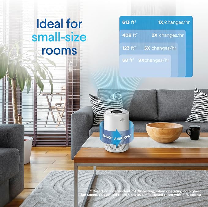 Clorox Small Room Turbo Air Purifiers for Home With True HEPA Filter | 613 Sq Ft | Reduces 99.9% of Mold, Viruses, Wildfire Smoke, Allergens, Pet Allergies, Dust | Whisper Quiet