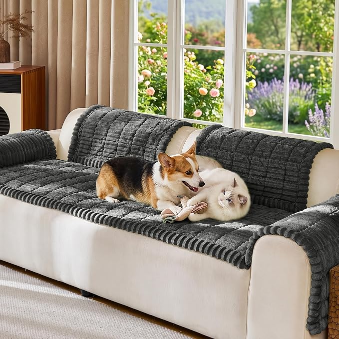 FUANGUI Waterproof Armrest Couch Cover for Dogs,27.6" x 27.6", Dark Grey | Non-Slip Backrest Cover Recliner Chair Protector, Fuzz Soft Armchair Armrest Cover Washable Couch Covers Sofa Pet Friendly