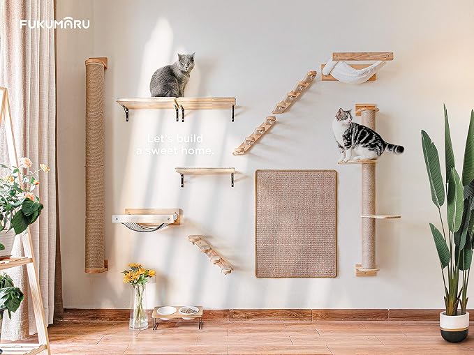 FUKUMARU Cat Climbing Shelf Wall Mounted, Small | Four Step Cat Stair, Natural Jute Scratching, Solid Rubber Wood, Kitten Shelves Furniture