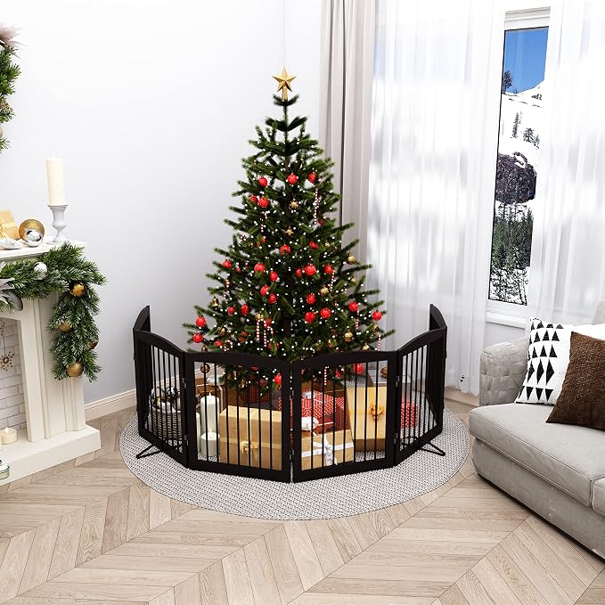 PUPETPO Freestanding Pet Gate for Dogs, Foldable Wooden Dog Gate for House, Extra Wide Indoor Pet Barrier for Stair, Doorway, Hall, Support Feet Included, 120 Inch Wide, 6 Panels 24", Brown