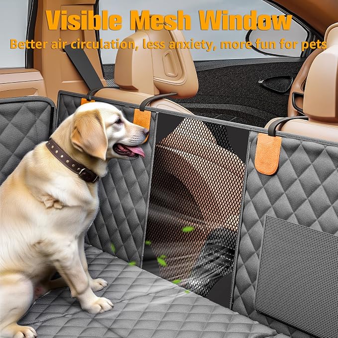 PETICON Back Seat Extender for Dogs, Hard Bottom Dog Car Seat Cover - Supports 400lbs, Rear Seat Pet Cover with Mesh Window, Waterproof Dog Hammock for Car SUV