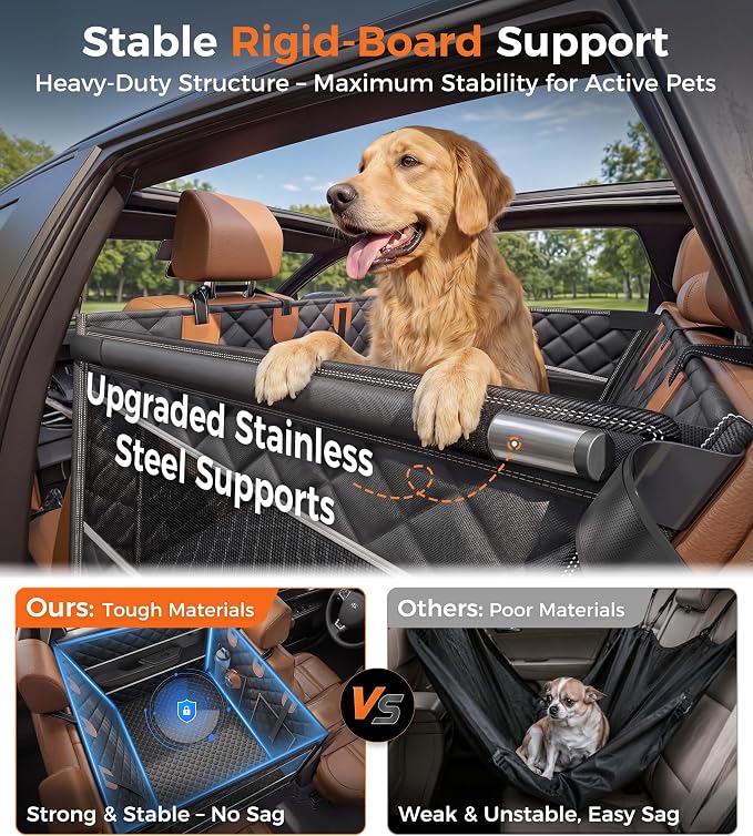 Doglike UNBREAK Hard Bottom Dog Car Seat for Back Seat [Military-Grade Protection], 450LB Ultra-Support Back Seat Extender for Dogs Carseat, Passenger Frinedly Waterproof Pet Carseat XL Size