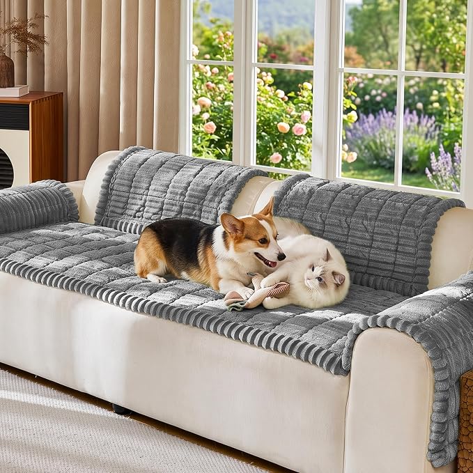 FUANGUI Waterproof Armrest Couch Cover for Dogs,27.6" x 27.11", Grey | Non-Slip Backrest Cover Recliner Chair Protector, Fuzz Soft Armchair Armrest Cover Washable Couch Covers Sofa Pet Friendly