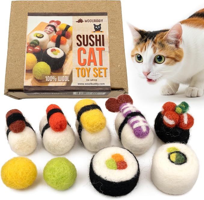 Woolbuddy Wool Cat Toys (Sushi 9 PCS) for Indoor Cats & Kittens Catnip-Free | 100% Pure Wool Felt Interactive Cat Toys, Catnip-Free for Bored Cats, Teething Kittens, Redirect Cat's Destructive Energy