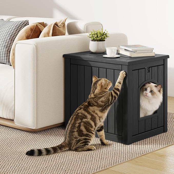 Cat Litter Box Enclosure, Multi-Functional Enclosed Cat Litter Box Furniture, Outdoor Cat House Weatherproof, Openable Front Door & Raised Floor, Easy to Clean & Assemble, Black