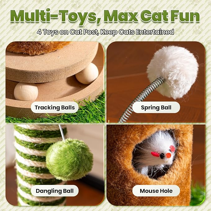Cat Scratching Post 39'' Tall with Interactive Ball & Mouse Hole | For Indoor Adult Cats, Sisal Rope Cat Tree Tower. Kitty Scratcher Furniture with Artificial Grass Tree for Kittens Cat Toys