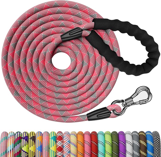 NTR Long Dog Leash, 30FT Check Cord with Swivel Lockable Hook and Comfortable Padded Handle for Pink Leash for Small Medium and Large Dogs Walking Training Hiking Camping Playing
