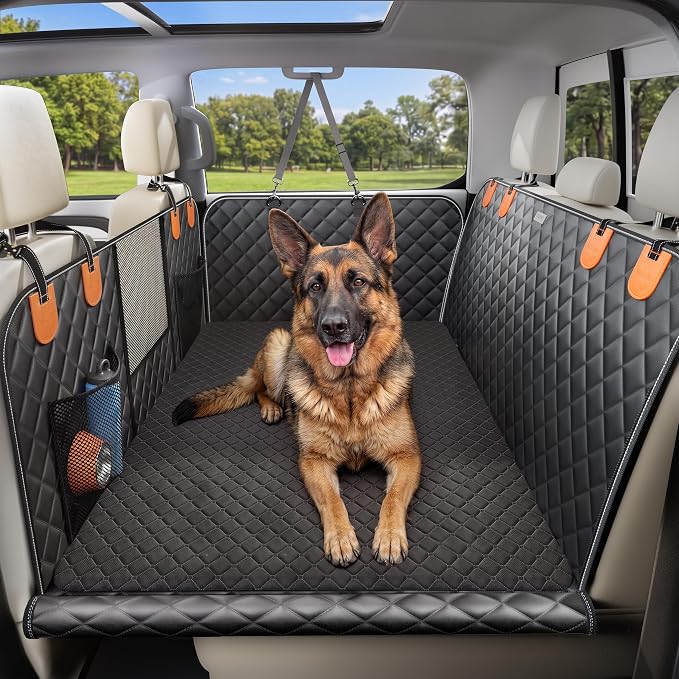 Doglike Hard Bottom Back Seat Extender for Dogs, 650LB Heavy Duty Support, Waterproof Dog Travel Bed with Removable Washable Mat, Mesh Window, Fits Mid-Size Sedans & Compact SUVs