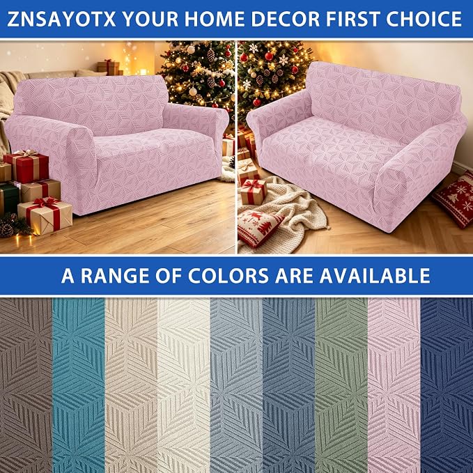 ZNSAYOTX Stretch Couch Cover, 1 Piece Sofa Covers for 2 Cushion Couch, Jacquard Loveseat Slipcovers with Elastic Bottom Thickened Furniture Protector for Dog Cat Pet (Medium, Dusty Pink)