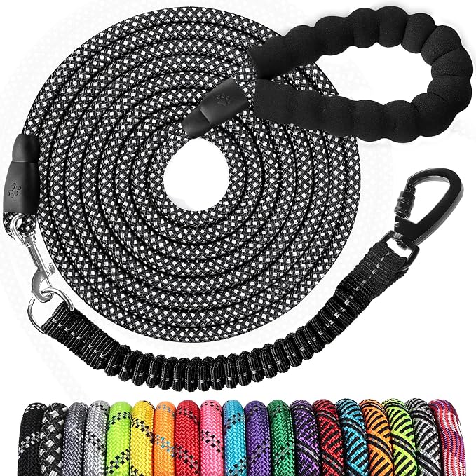 jenico Long Dog Leash 20FT: Heavy Duty Rope Leashes for Dogs Training with Swivel Lockable Hook Reflective Threads Bungee and Padded Handle - Dog Lead for Large Small Medium Dogs Outside Walking