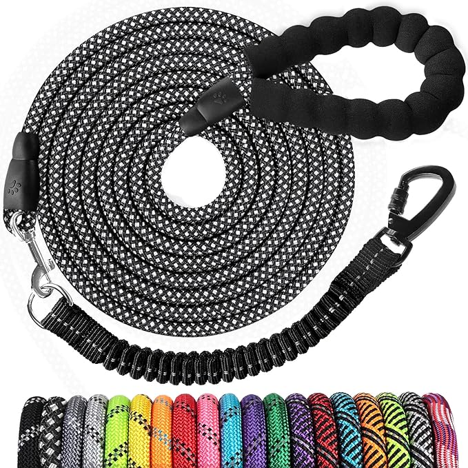 Long Dog Leash 15 FT: Heavy Duty Rope Leashes for Dogs Training with Swivel Lockable Hook Reflective Threads Bungee and Padded Handle - Dog Lead for Large Small Medium Dogs Outside Walking Hiking