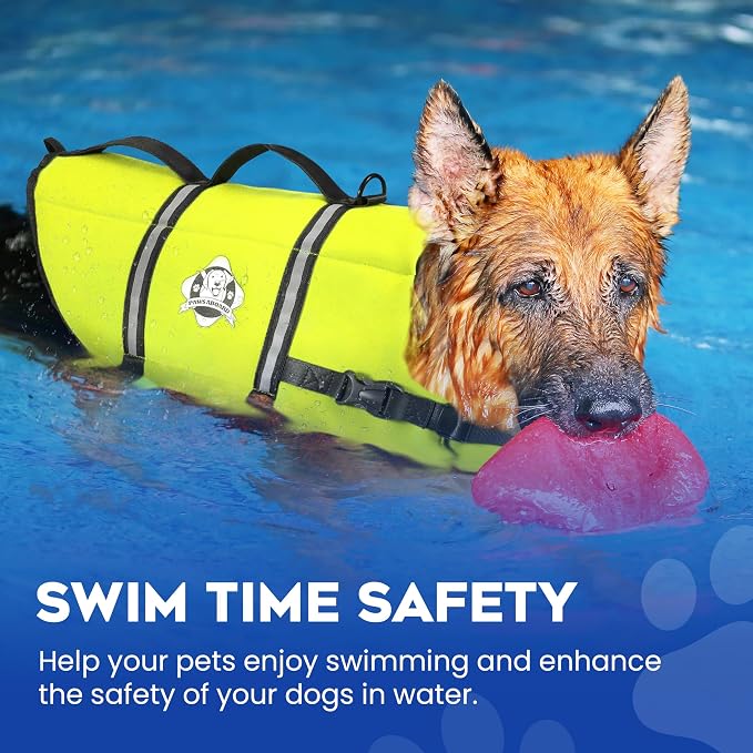 Dog Life Jacket - Swimming Vest for Dogs, Adjustable, Reflective, Comfortable, Multiple Colors, Patterns, XX-Small to Extra Large Dog Swim Vest with Handle (Neon Yellow, X-Large)