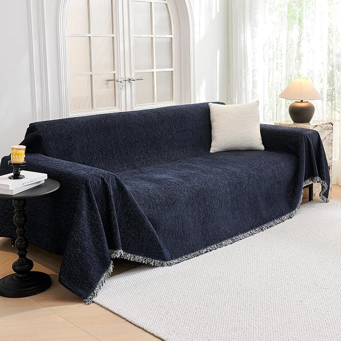 MYSKY HOME Sofa Covers Love Seat Couch Covers Couch Covers for Reclining Couches Couch Cover Sectional Washable Couch Cover with Tassels Sofa Protector for Kids, Dogs, Pets, 71"x118", Navy Blue