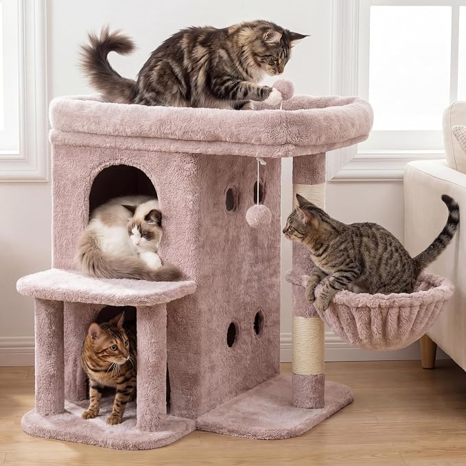 Heybly 26.3" Cat Tree for Large Cats with Big Perch & Dual Condos HCT204SMU | 26.3-inch Spacious Cat Tower with Scratching Posts, Stair-Style Cat House Furniture with Cozy Basket & Pompom, Rosy Brown