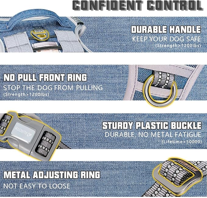 AUROTH Tactical Dog Harness for Small Medium Large Dogs No Pull Adjustable Pet Harness Reflective K9 Working Training Easy Control Pet Vest Military Service Dog Harnesses (L, Denim Blue)